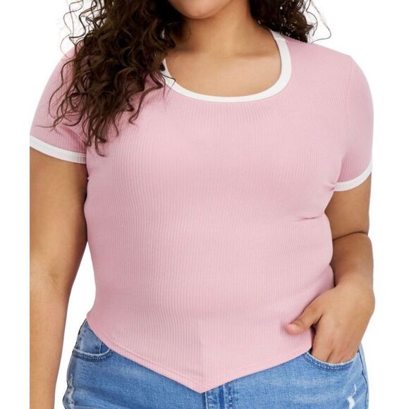 Just Polly Trendy Plus Size Asymmetrical-Hem Ringer T-Shirt - Light Pink Size 3X - Picture 1 of 3